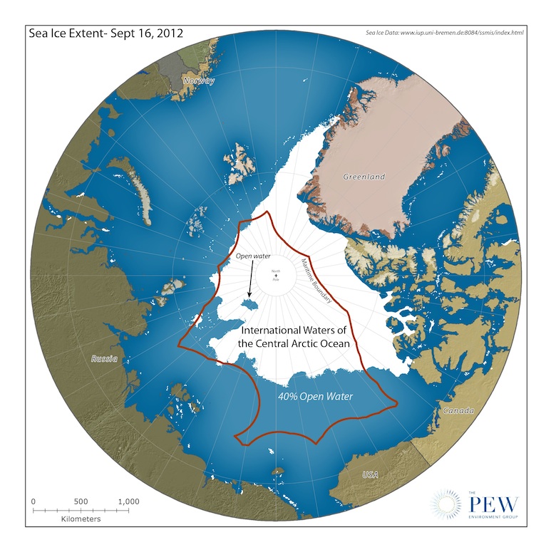 Map shows the central Arctic Ocean, the area closed to fishing under the Arctic Fisheries Declaration, which was signed by the five countries bordering the Arctic Ocean on July 16. Image credit: The Pew Charitable Trusts.